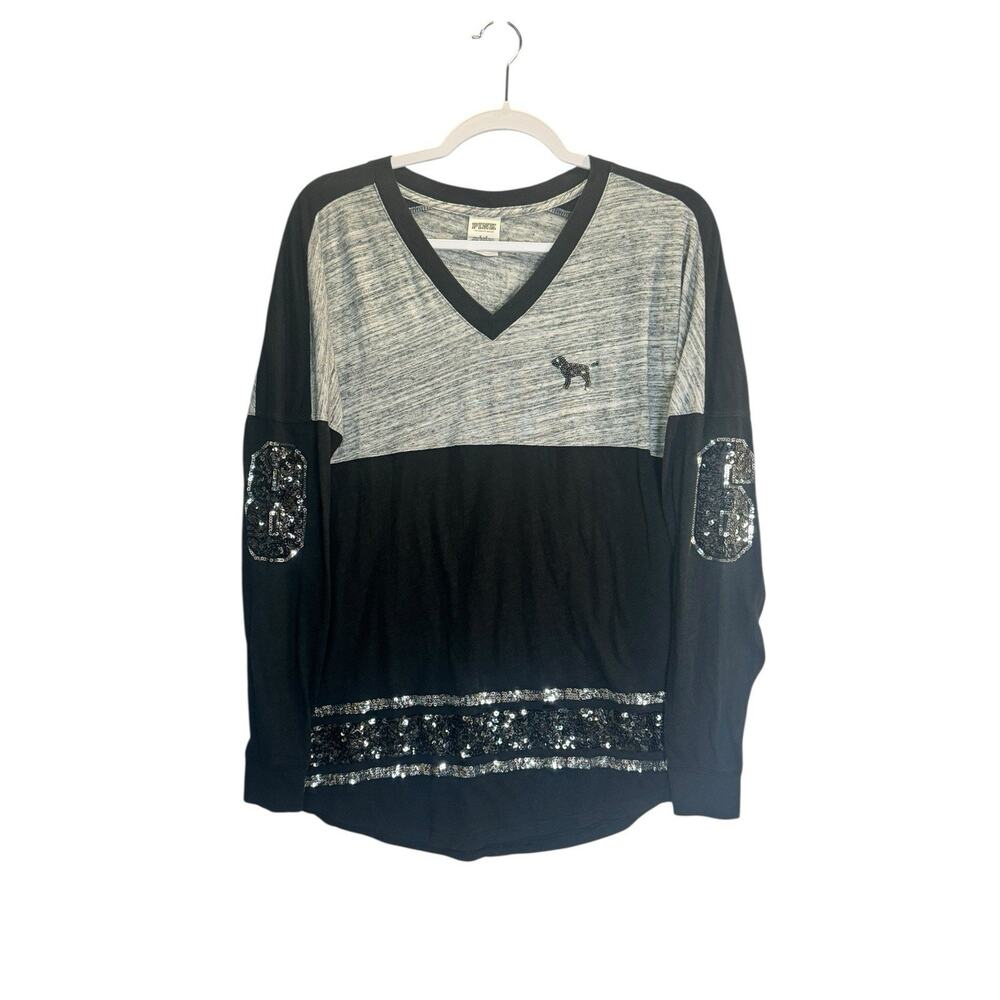 Victoria's Secret PINK Sequin Varsity Long Sleeve Top Y2K Bling Sporty Glam Sz S